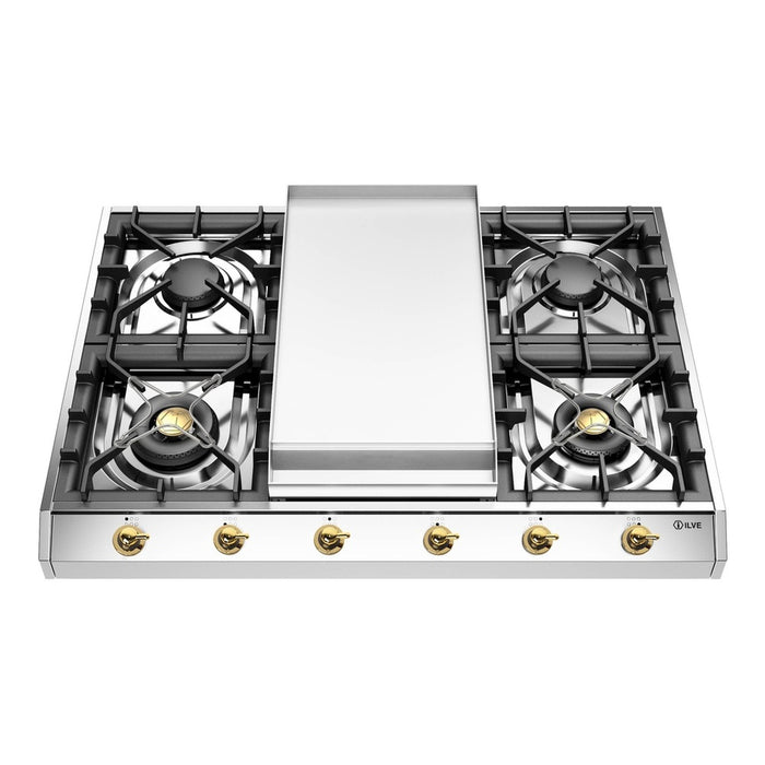 ILVE 36 Inch UHCP965FNSSGLP Nostalgie II Built-In Stainless Steel Liquid Propane Cooktop with 6 Sealed Burners and Griddle in Brass Trim Front