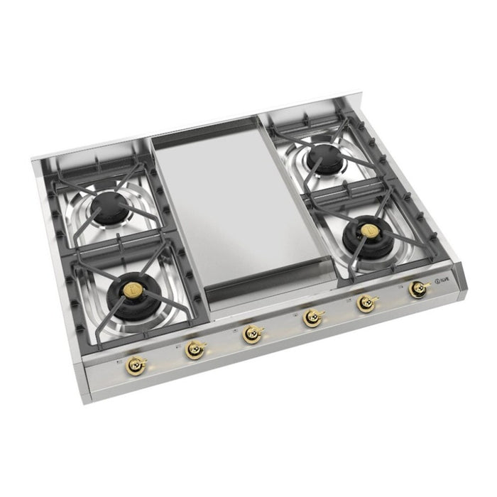 ILVE 36 Inch UHCP965FNSSGLP Nostalgie II Built-In Stainless Steel Liquid Propane Cooktop with 6 Sealed Burners and Griddle in Brass Trim Main