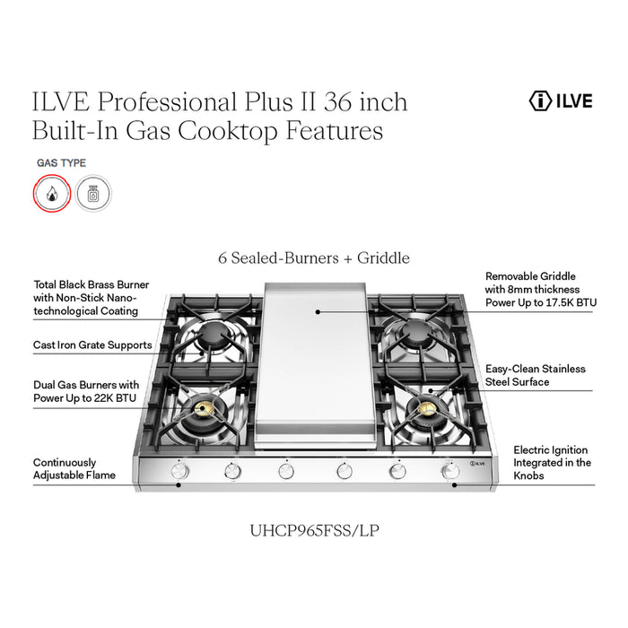 ILVE 36 Inch UHCP965FSSLP Professional Plus II Built-In Stainless Steel Liquid Propane Cooktop with 6 Sealed Burners and Griddle Features