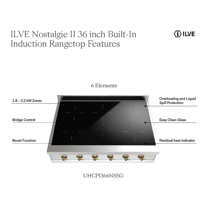 ILVE 36 Inch UHCPI366NSSG Nostalgie II Built-In Induction Rangetop with 5 Element in Brass Features