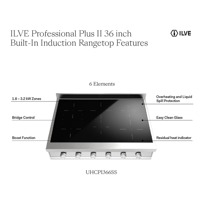 ILVE 36 Inch UHCPI366SS Professional Plus II Built-In Induction Stainless Steel Rangetop with 6 Element Features