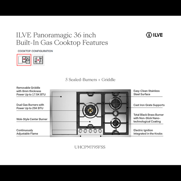 ILVE 36 Inch UHCPMT95FSSLP Panoramagic Built-In Stainless Steel Liquid Propane Cooktop with 5 Sealed Burners and Griddle Features