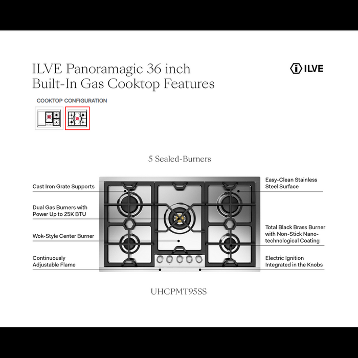 ILVE 36 Inch UHCPMT95SSLP Panoramagic Built-In Stainless Steel Liquid Propane Cooktop with 5 Sealed Burners Features