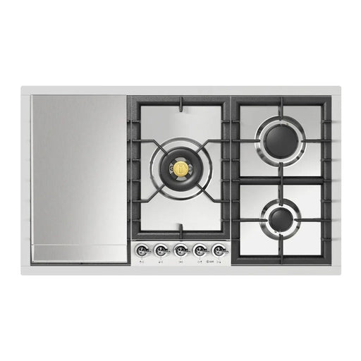 ILVE 36 Inch UHCPT95FNSSCLP Nostalgie II Built-In Stainless Steel Liquid Propane Cooktop with Total Black Brass Burners, 5 Sealed Burners and Griddle in Chrome Knobs Front