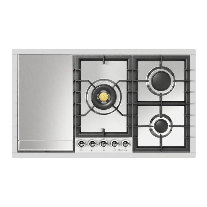 ILVE 36 Inch UHCPT95FNSSCLP Nostalgie II Built-In Stainless Steel Liquid Propane Cooktop with Total Black Brass Burners, 5 Sealed Burners and Griddle in Chrome Knobs Front