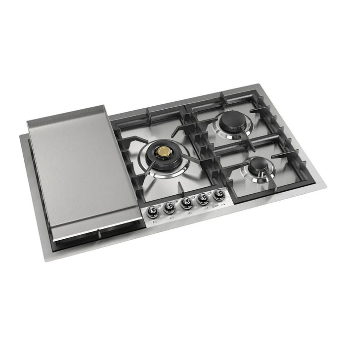 ILVE 36 Inch UHCPT95FNSSC Nostalgie II Built-In Stainless Steel Natural Gas Cooktop with Total Black Brass Burners, 5 Sealed Burners and Griddle in Chrome Knobs Main