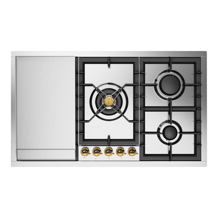 ILVE 36 Inch UHCPT95FNSSGLP Nostalgie II Built-In Stainless Steel Liquid Propane Cooktop with Total Black Brass Burners, 5 Sealed Burners and Griddle in Brass Knobs Front