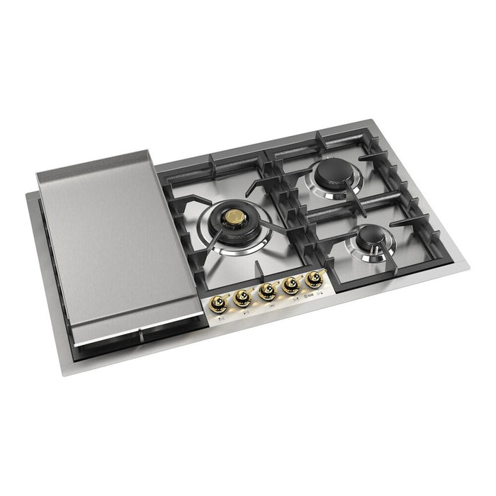 ILVE 36 Inch UHCPT95FNSSGLP Nostalgie II Built-In Stainless Steel Liquid Propane Cooktop with Total Black Brass Burners, 5 Sealed Burners and Griddle in Brass Knobs Main