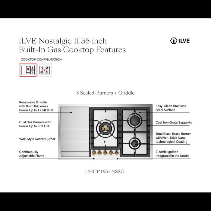ILVE 36 Inch UHCPT95FNSSGLP Nostalgie II Built-In Stainless Steel Liquid Propane Cooktop with Total Black Brass Burners, 5 Sealed Burners and Griddle in Brass Knobs Features