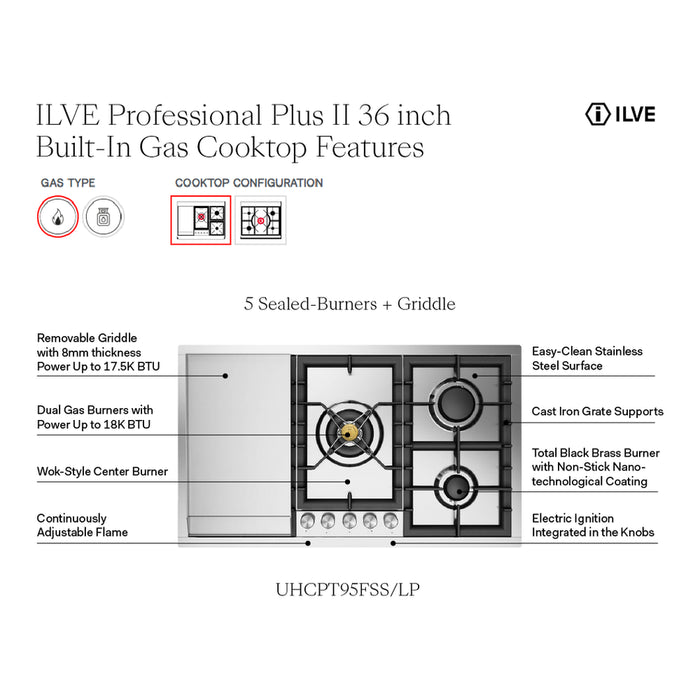 ILVE 36 Inch UHCPT95FSSLP Professional Plus II Built-In Stainless Steel Liquid Propane Cooktop with 5 Sealed Burners and Griddle Features