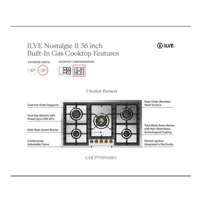 ILVE 36 Inch UHCPT95NSSCLP Nostalgie II Built-In Stainless Steel Liquid Propane Cooktop with Total Black Brass Burners, 5 Sealed Burners in Chrome Knobs Features