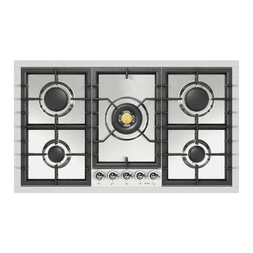 ILVE 36 Inch UHCPT95NSSCLP Nostalgie II Built-In Stainless Steel Liquid Propane Cooktop with Total Black Brass Burners, 5 Sealed Burners in Chrome Knobs Front