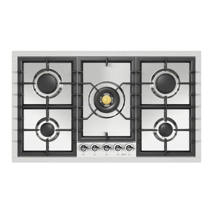 ILVE 36 Inch UHCPT95NSSCLP Nostalgie II Built-In Stainless Steel Liquid Propane Cooktop with Total Black Brass Burners, 5 Sealed Burners in Chrome Knobs Front