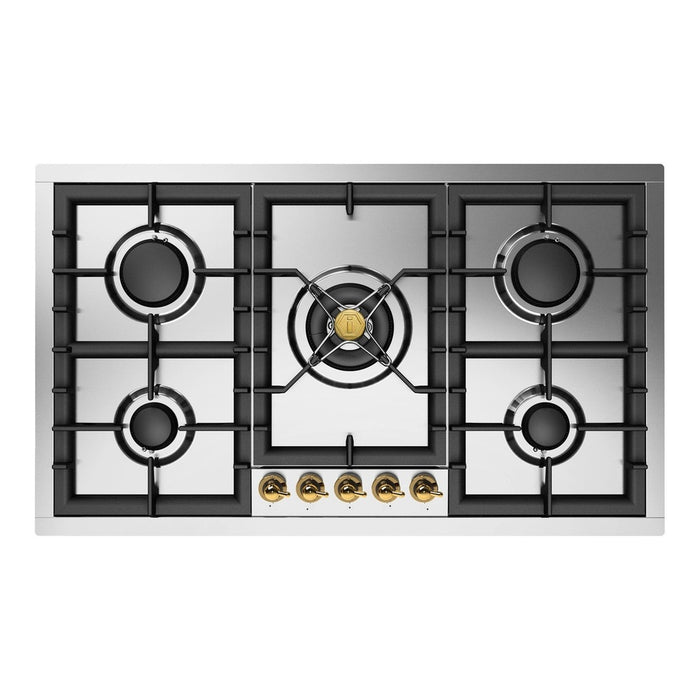 ILVE 36 Inch UHCPT95NSSGLP Liquid Propane Cooktop with Total Black Brass Burners, 5 Sealed Burners in Brass Knobs Front