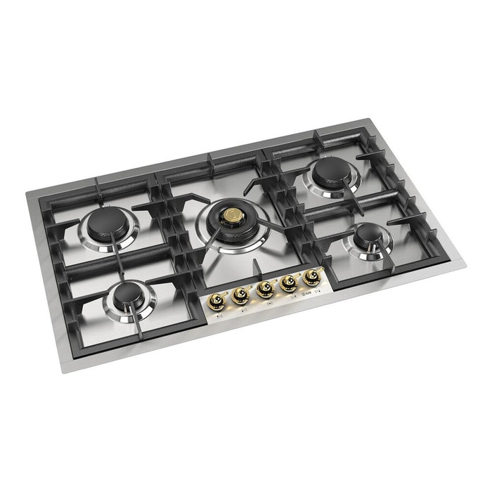 ILVE 36 Inch UHCPT95NSSGLP Nostalgie II Built-In Stainless Steel Liquid Propane Cooktop with Total Black Brass Burners, 5 Sealed Burners in Brass Knobs Main