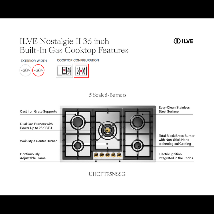 ILVE 36 Inch UHCPT95NSSG Nostalgie II Built-In Stainless Steel Natural Gas Cooktop with Total Black Brass Burners, 5 Sealed Burners in Brass Knobs Features