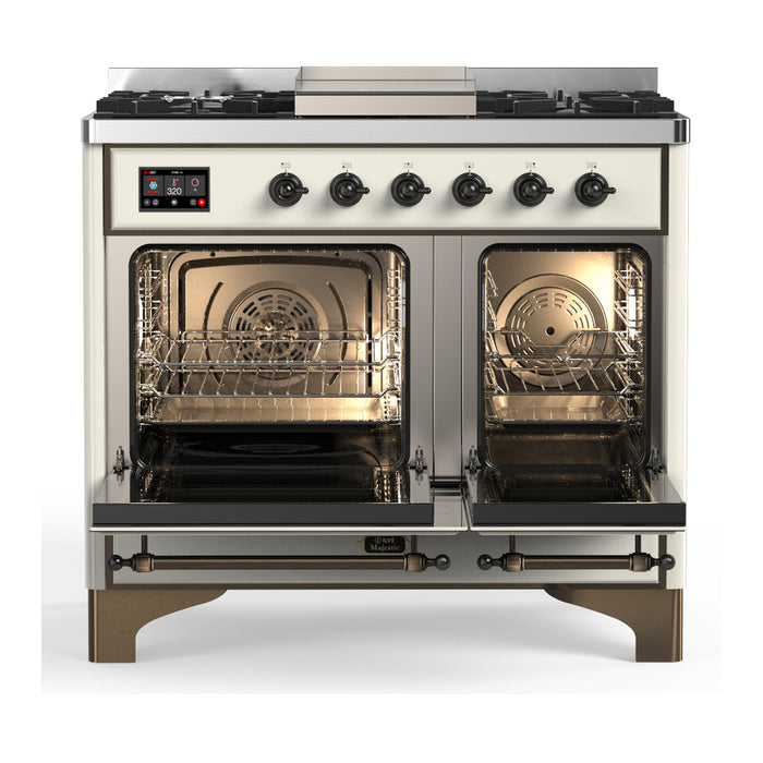 ILVE 40 Inch Majestic III Antique White Dual Fuel Range with 6 Black Brass Burners, Griddle and Dual Function Burner up to 25,000 BTU in Triple Glass Door Open