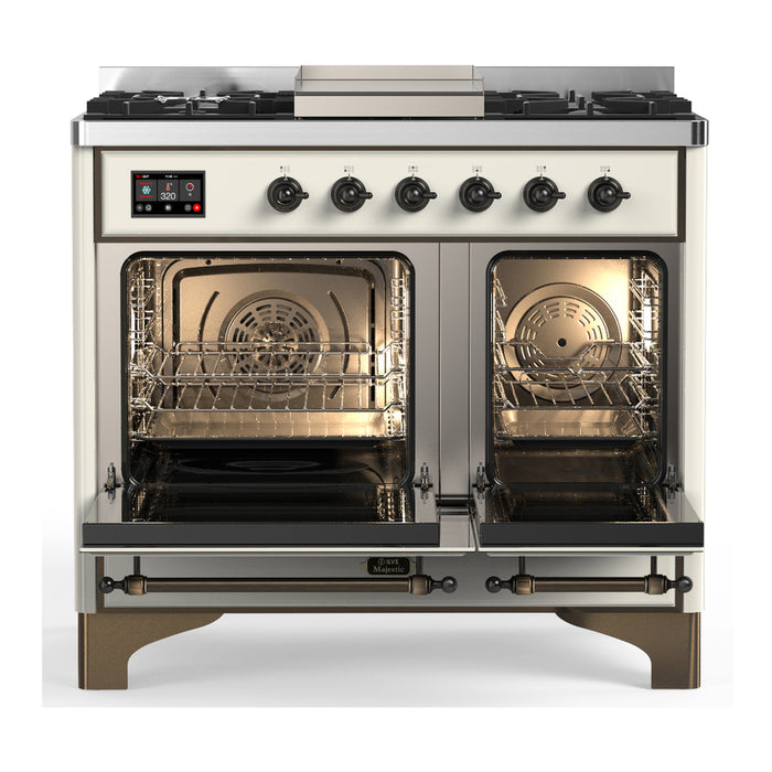 ILVE 40 Inch Majestic III Antique White Dual Fuel Range with 6 Black Brass Burners, Griddle and Dual Function Burner up to 25,000 BTU in Solid Door Open