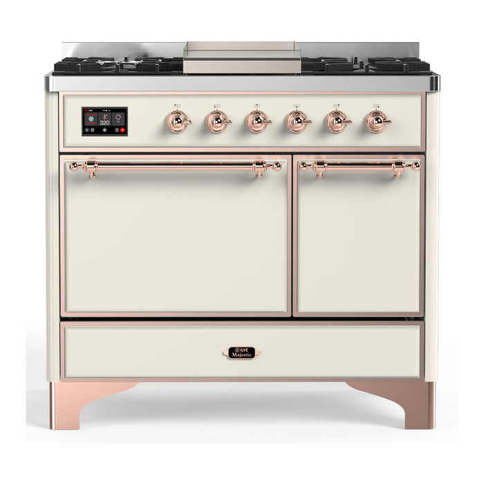 ILVE 40 Inch Majestic III Antique White Dual Fuel Range with 6 Black Brass Burners, Griddle and Dual Function Burner up to 25,000 BTU in Solid Door Copper
