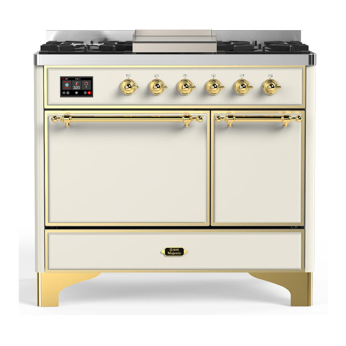 ILVE 40 Inch Majestic III Antique White Dual Fuel Range with 6 Black Brass Burners, Griddle and Dual Function Burner up to 25,000 BTU in Solid Door Brass