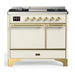 ILVE 40 Inch Majestic III Antique White Dual Fuel Range with 6 Black Brass Burners, Griddle and Dual Function Burner up to 25,000 BTU in Solid Door Brass
