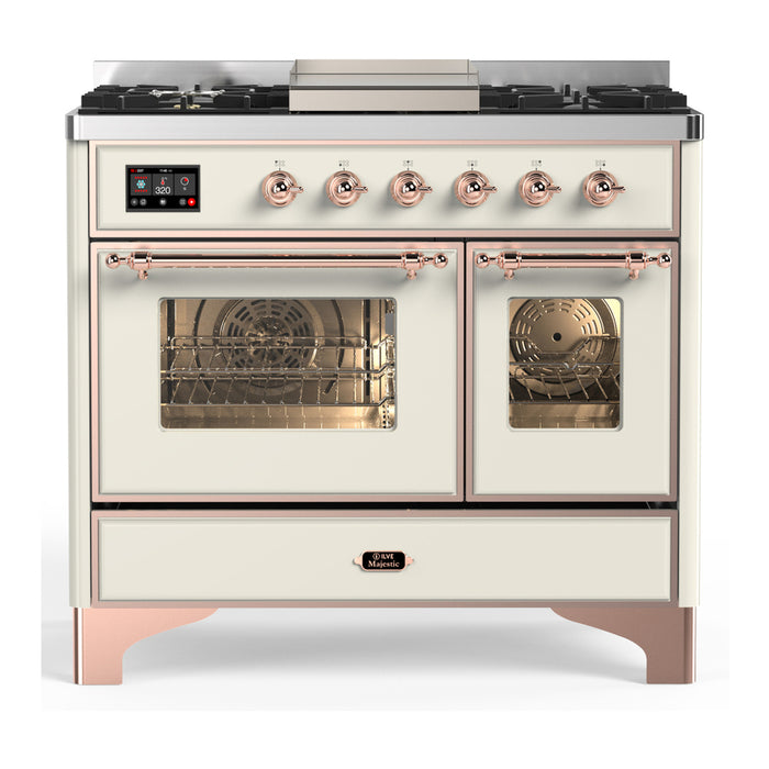 ILVE 40 Inch Majestic III Antique White Dual Fuel Range with 6 Black Brass Burners, Griddle and Dual Function Burner up to 25,000 BTU in Triple Glass Door Copper