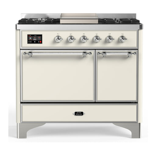 ILVE 40 Inch Majestic III Antique White Dual Fuel Range with 6 Black Brass Burners, Griddle and Dual Function Burner up to 25,000 BTU in Solid Door Chrome
