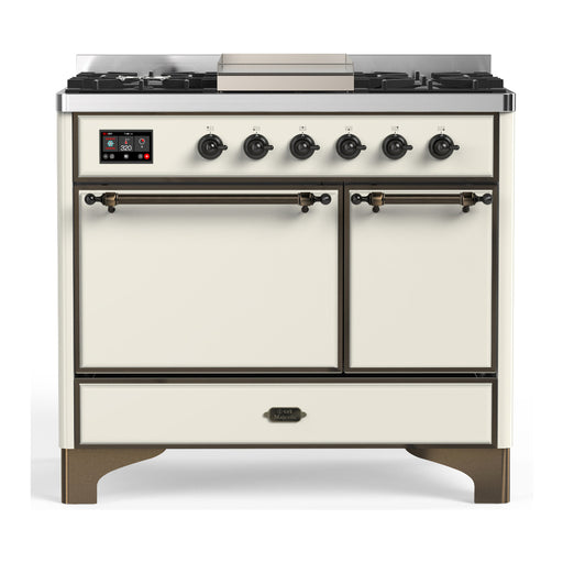 ILVE 40 Inch Majestic III Antique White Dual Fuel Range with 6 Black Brass Burners, Griddle and Dual Function Burner up to 25,000 BTU in Solid Door Burnished