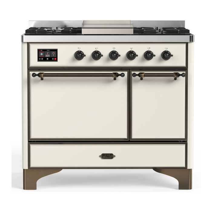 ILVE 40 Inch Majestic III Antique White Dual Fuel Range with 6 Black Brass Burners, Griddle and Dual Function Burner up to 25,000 BTU in Solid Door Burnished