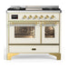 ILVE 40 Inch Majestic III Antique White Dual Fuel Range with 6 Black Brass Burners, Griddle and Dual Function Burner up to 25,000 BTU in Triple Glass Door Brass