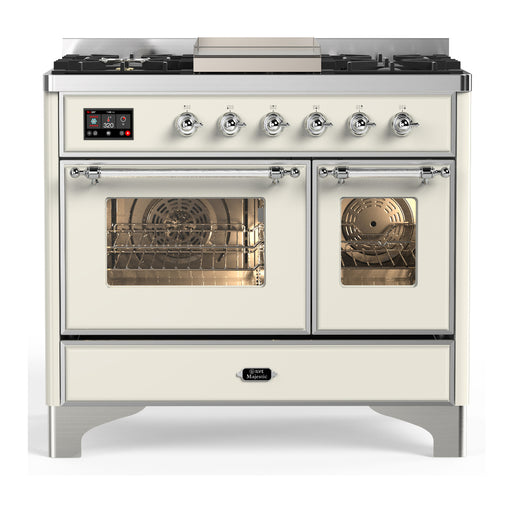 ILVE 40 Inch Majestic III Antique White Dual Fuel Range with 6 Black Brass Burners, Griddle and Dual Function Burner up to 25,000 BTU in Triple Glass Door Chrome