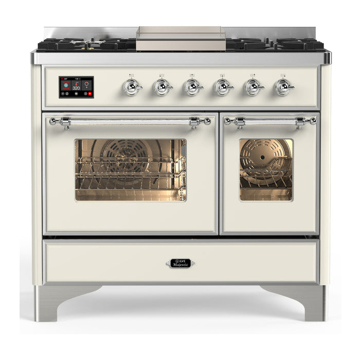 ILVE 40 Inch Majestic III Antique White Dual Fuel Range with 6 Black Brass Burners, Griddle and Dual Function Burner up to 25,000 BTU in Triple Glass Door Chrome