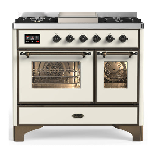 ILVE 40 Inch Majestic III Antique White Dual Fuel Range with 6 Black Brass Burners, Griddle and Dual Function Burner up to 25,000 BTU in Triple Glass Door Brunished