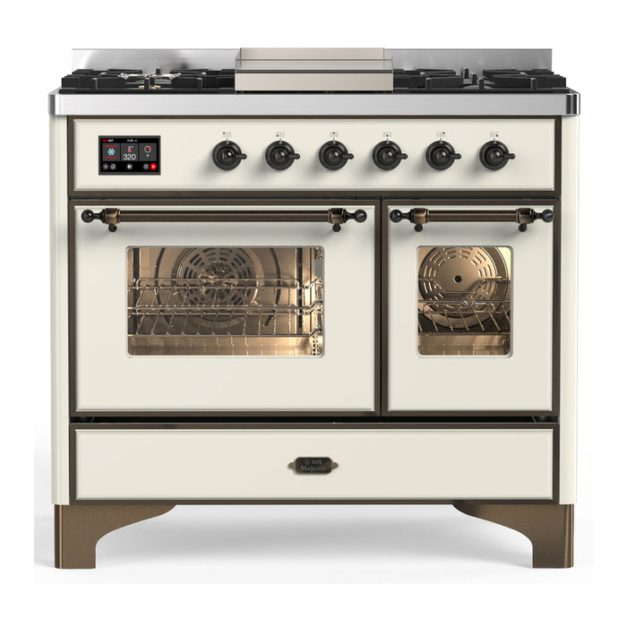 ILVE 40 Inch Majestic III Antique White Dual Fuel Range with 6 Black Brass Burners, Griddle and Dual Function Burner up to 25,000 BTU in Triple Glass Door Brunished