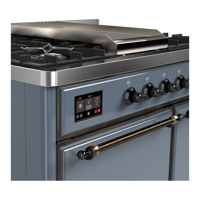 ILVE 40 Inch Majestic III Blue Grey Dual Fuel Range with 6 Black Brass Burners, Griddle and Dual Function Burner up to 25,000 BTU in Solid Door Side