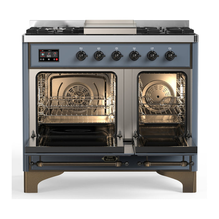 ILVE 40 Inch Majestic III Blue Grey Dual Fuel Range with 6 Black Brass Burners, Griddle and Dual Function Burner up to 25,000 BTU in Solid Door Open