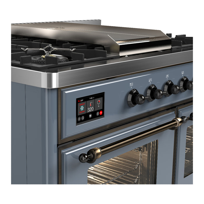 ILVE 40 Inch Majestic III Blue Grey Dual Fuel Range with 6 Black Brass Burners, Griddle and Dual Function Burner up to 25,000 BTU in Triple Glass Door Side
