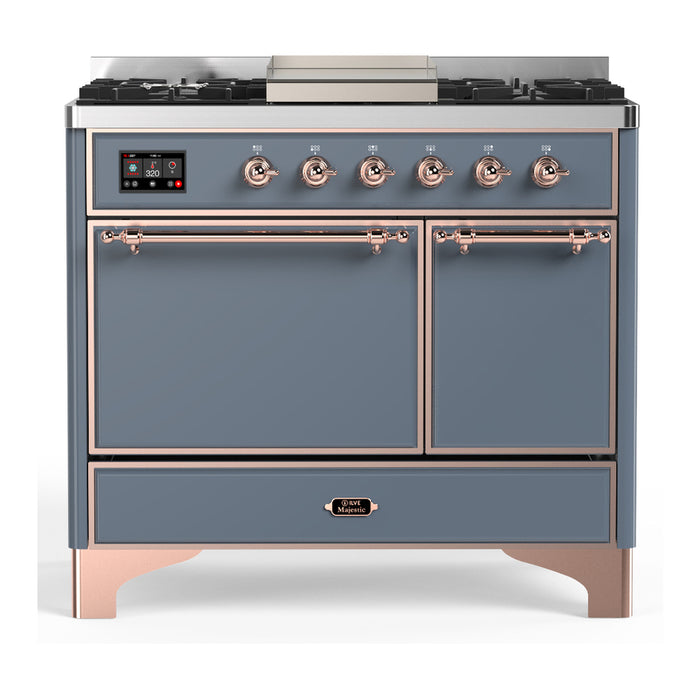 ILVE 40 Inch Majestic III Blue Grey Dual Fuel Range with 6 Black Brass Burners, Griddle and Dual Function Burner up to 25,000 BTU in Solid Door Copper