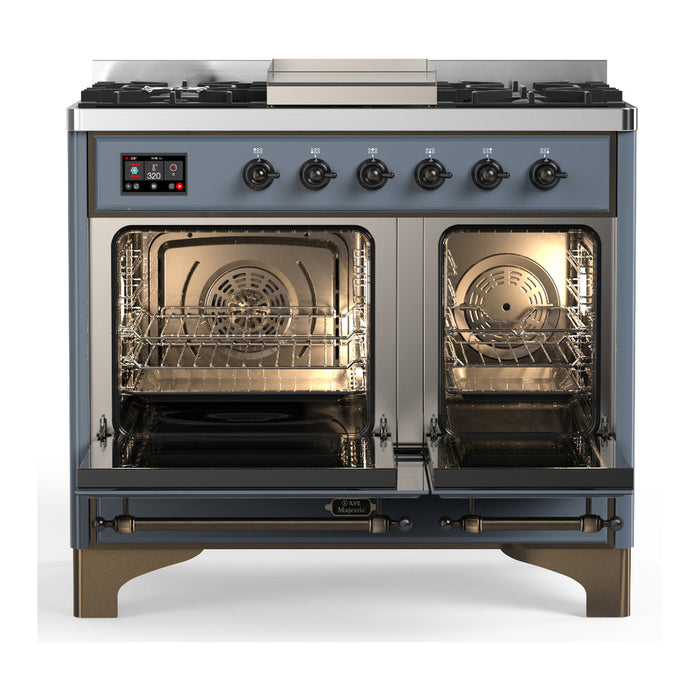 ILVE 40 Inch Majestic III Blue Grey Dual Fuel Range with 6 Black Brass Burners, Griddle and Dual Function Burner up to 25,000 BTU in Triple Glass Door Open