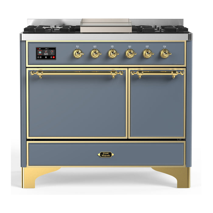 ILVE 40 Inch Majestic III Blue Grey Dual Fuel Range with 6 Black Brass Burners, Griddle and Dual Function Burner up to 25,000 BTU in Solid Door Brass