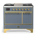 ILVE 40 Inch Majestic III Blue Grey Dual Fuel Range with 6 Black Brass Burners, Griddle and Dual Function Burner up to 25,000 BTU in Solid Door Brass