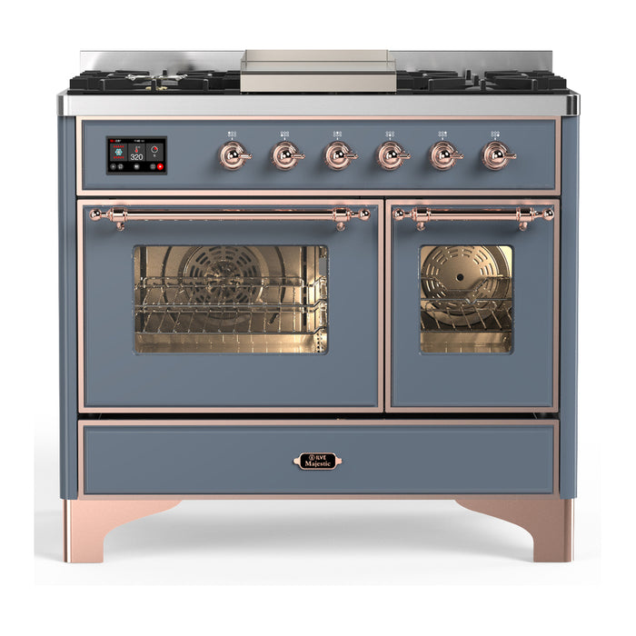 ILVE 40 Inch Majestic III Blue Grey Dual Fuel Range with 6 Black Brass Burners, Griddle and Dual Function Burner up to 25,000 BTU in Triple Glass Door Copper