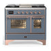 ILVE 40 Inch Majestic III Blue Grey Dual Fuel Range with 6 Black Brass Burners, Griddle and Dual Function Burner up to 25,000 BTU in Triple Glass Door Copper