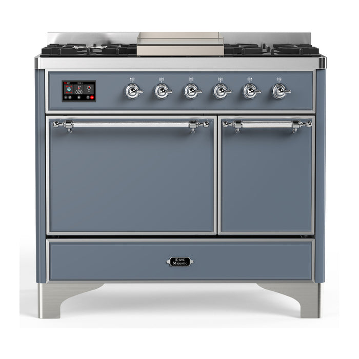 ILVE 40 Inch Majestic III Blue Grey Dual Fuel Range with 6 Black Brass Burners, Griddle and Dual Function Burner up to 25,000 BTU in Solid Door Chrome