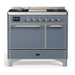 ILVE 40 Inch Majestic III Blue Grey Dual Fuel Range with 6 Black Brass Burners, Griddle and Dual Function Burner up to 25,000 BTU in Solid Door Chrome