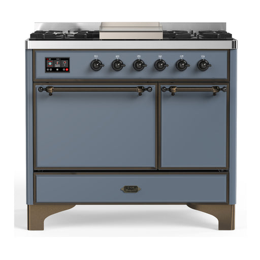 ILVE 40 Inch Majestic III Blue Grey Dual Fuel Range with 6 Black Brass Burners, Griddle and Dual Function Burner up to 25,000 BTU in Solid Door Burnished