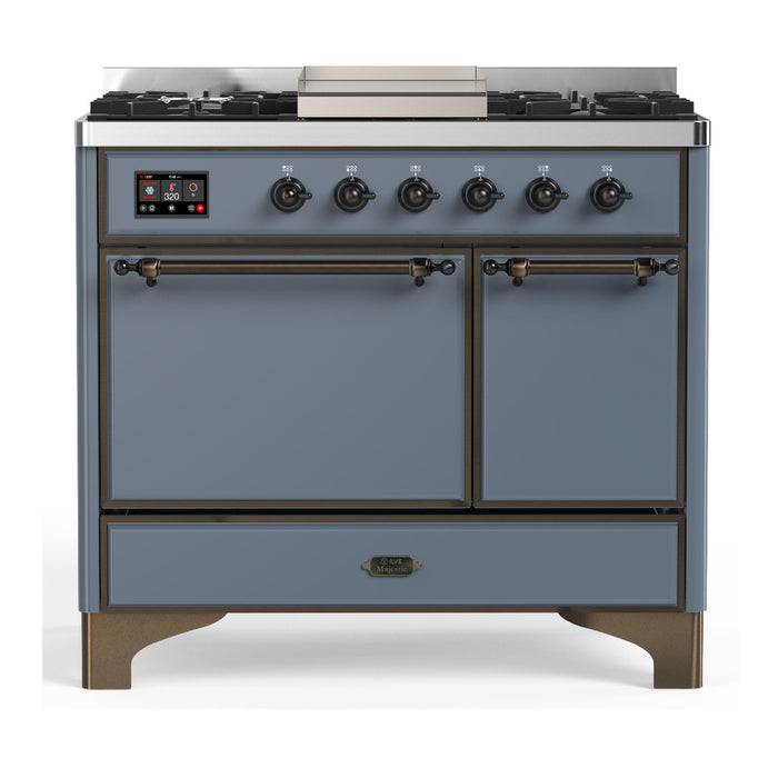 ILVE 40 Inch Majestic III Blue Grey Dual Fuel Range with 6 Black Brass Burners, Griddle and Dual Function Burner up to 25,000 BTU in Solid Door Burnished