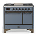 ILVE 40 Inch Majestic III Blue Grey Dual Fuel Range with 6 Black Brass Burners, Griddle and Dual Function Burner up to 25,000 BTU in Solid Door Burnished