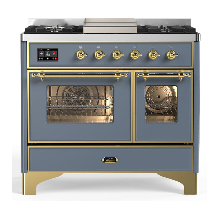 ILVE 40 Inch Majestic III Blue Grey Dual Fuel Range with 6 Black Brass Burners, Griddle and Dual Function Burner up to 25,000 BTU in Triple Glass Door Brass