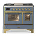 ILVE 40 Inch Majestic III Blue Grey Dual Fuel Range with 6 Black Brass Burners, Griddle and Dual Function Burner up to 25,000 BTU in Triple Glass Door Brass